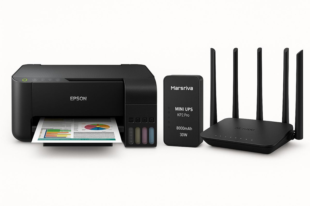 Combo Regreso a Clases Impresora Epson Tinta Continua EcoTank L3250 (Multifuncional/Color) - Marsriva Mini UPS KP2 Pro 8000mAh, 30W (4P) - Router AC1900 Dual Band Gigabit